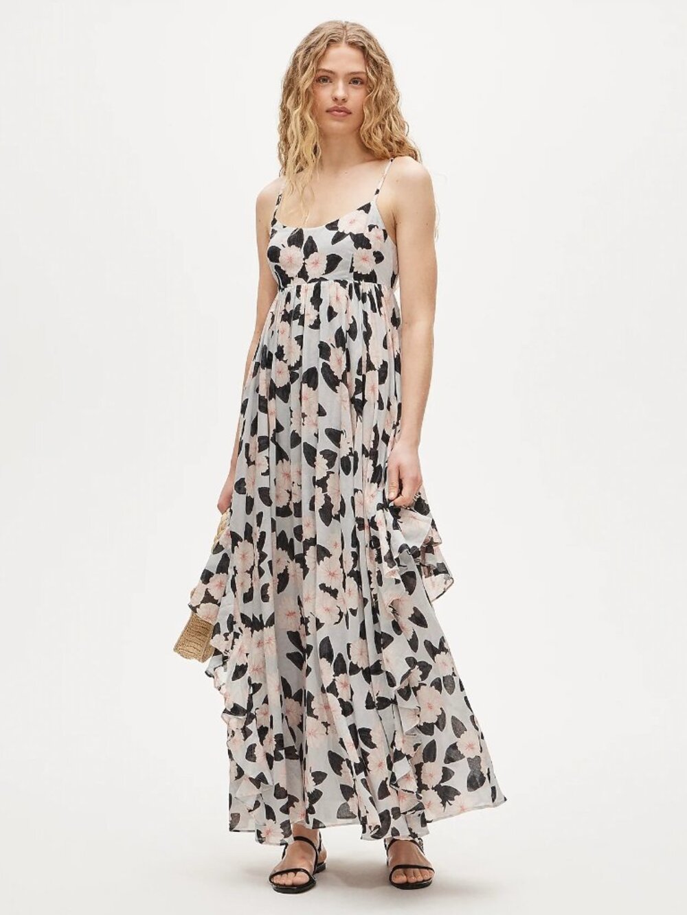 J.Crew Ruffle Maxi Dress Peony Print XS Floral Cotton Empire Waist Feminine